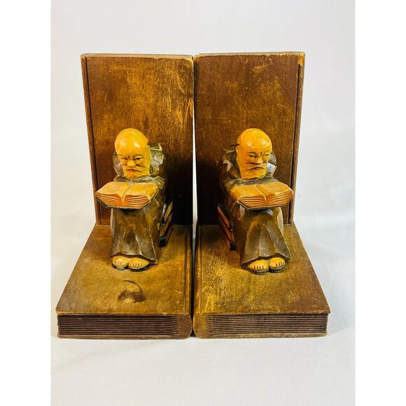 Vintage Wood Carved Monks Scholar Reading Books Sitting on Books Bookends - Picture 4 of 11